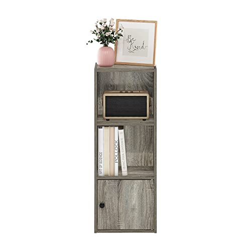 Image of Furinno LUDER Book Shelf, 3-Tier Modern Bookshelf, Bookcase with 1 Door Storage Cabinet, 9.3 x 12 x 31.5, for Organization and Storage, for Living Room, Bedroom, Home Office, French Oak