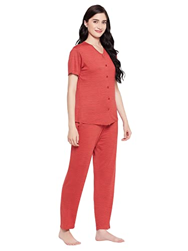 Image of Clovia Women's Cotton Button Me Up Shirt & Pyjama Set(ls0625p04 Red XL)