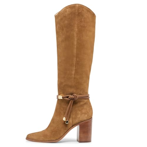 Yishaweiqi Suede Knee High Boots for Women Strap Side Zipper Fall Western Boots Pointed Toe Chunky Bloack Heel Boots
