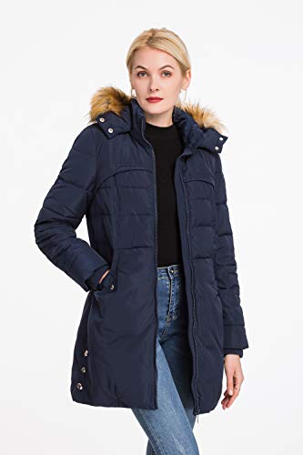 Polydeer Women's Classic Winter Jacket Soft Thickened Vegan Down Coat Warm Puffer Parka W/Faux Fur Hood (Navy, S) #TOP3