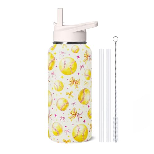 TWBDMKC 32oz Softball Bow Insulated Water Bottle with Straw Sports Coffee Mug Cup, Softball Gifts for Women, Sports Decor Accessories