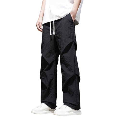 Men's Casual Summer Pants Straight Leg Elastic Waist Lightweight Breathable Comfortable Loose Fit Outdoor (Black, XXL)
