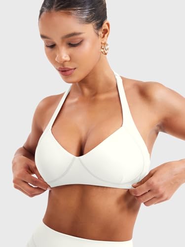 Image of YEOREO Women Halter Sports Bra Light Support V Neck Padded Strappy Open Back Workout Gym Tops