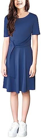 meiludi Girl's Casual Short Sleeve Dress Holiday Swing Crew Neck Dresses with Pockets 4-14 Years (2350#, 4_Years, Dark Blue)