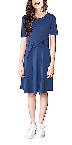 Meiludi Girl's Casual Short Sleeve Dress Holiday Swing Crew Neck Dresses With Pockets 4-14 Years (2350#, 4_Years, Dark Blue) #TOP2