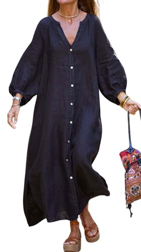 Image of chouyatou Women Summer Long Sleeve Notch Neck Maxi Linen Shirt Dress Loose Button Down Tunic Shift Dress