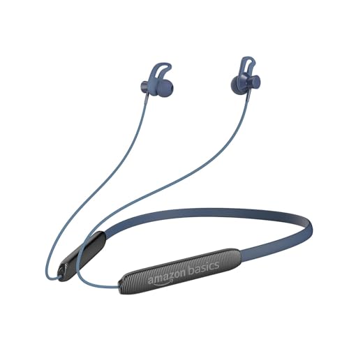 amazon basics in-Ear Wireless Neckband with Mic, Up to 22 Hours Play Time, Bluetooth 5.1, Voice Assistance, Noise Cancellation, IPX4 Water-Resistance, Magnetic Earbuds (Blue)