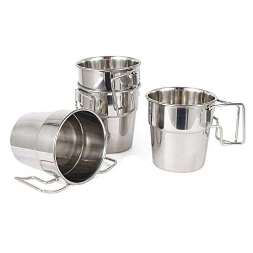 Skybiubiu - Stainless Steel Camping Mugs, 4pcs Camping Coffee Cup with Foldable Handle, 300ml Stackable Metal Cups for Backpacking Hiking Hunting Fishing Picnic Travel(Silver) - -11%