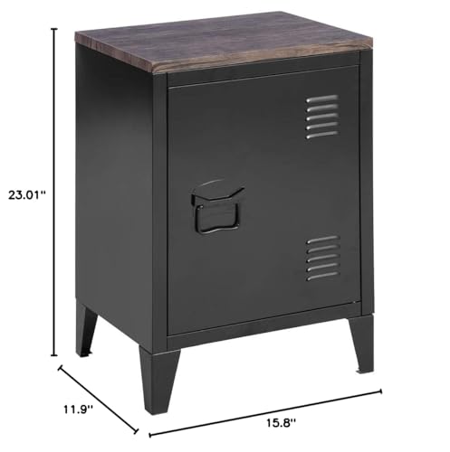 FurnitureR Metal Locker Storage Nightstand for Boy Teens Bedroom with Wood Top/Door 2 Tier Shelves Removable