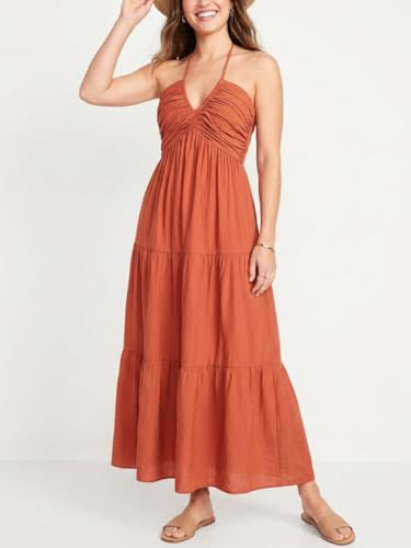 Image of Women's Casual Halter Tiered Vacation Maxi Dress with Pockets