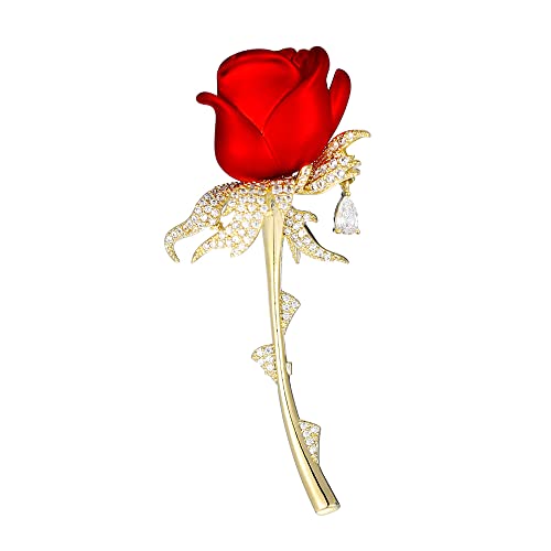Red Rose Flowers Brooches Pins Rhinestone Brooch Cubic Zirconia Classic for Party Dance Wedding Banquet for Elegant Women Beautiful Girls Lapel Pins Dress Suit Bouquet Ceremony Accessories Jewelry