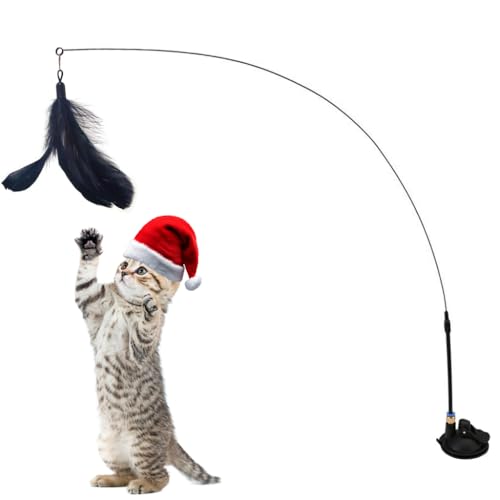 Qpets® Cat Toys for Persian Cat, Interactive Cats Teaser Wand Toys for Kitten with Bell & Feather, Sticky Suction Cup Base Elastic Stick Fun Indoor Pet Playing Accessories