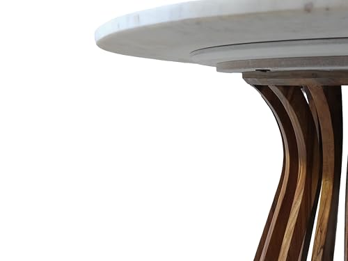 Image of Round Dining Table | Quartz White Marble Top with Natural Wood Finish | 4-Seater Modern Table for Dining Room - Chair not Included (Honey Finish)