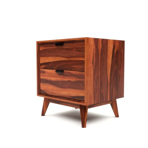 Image of Sheesham Wooden Bedside End Table for Living Room and Home | Solid Wood Bed Side NightStand Table for Bedroom | Wooden Bedside Table with 2 Drawer Storage in Honey Finish