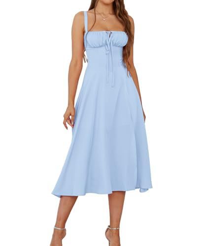 Placitiume Damen Floral Midi Korsett Kleid mit Schlitz Schnürung A-Linie Sommerkleid Hochzeit Gast Tee Party Outfit, hellblau, L