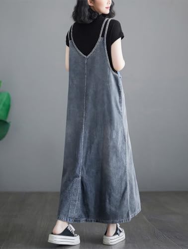 Image of ebossy Women's Sleeveless V Neck Denim Overall Jumper Dress Casual Loose Double Spaghetti Straps Midi Jean Dress