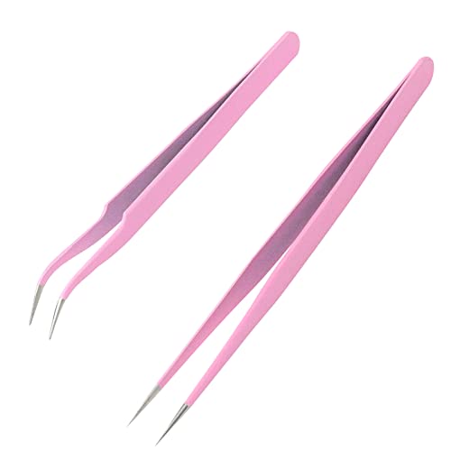 Sularpek 2 Stücke Pinzette Spitz Professionelle Pinzette Wimpern Edelstahl Pinzetten Gebogene Gerade Pinzette Wimpernverlängerung Pinzette Mitesser Entferner Augenbrauen Entfernung Pinzette (Rosa)