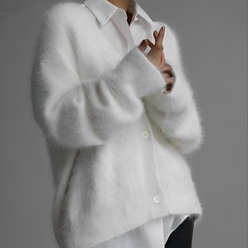 Women's Fuzzy Button Down Open Front V-Neck Knit Cardigan Slouchy Fluffy Loose Casual Long Sleeve Sweater Outwear Coat3