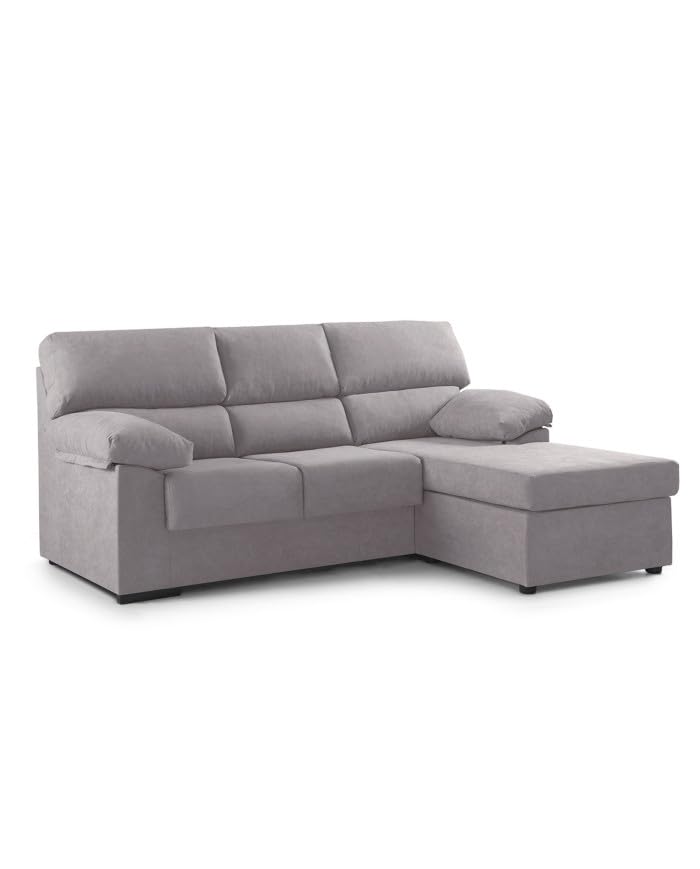 SWEET SOFA® Sofá Chaise Longue Denver – Reversible Izquierda/Derecha – Tapizado Microfibra Antimanchas – 196x156x100 cm – Estructura Madera y Cojines Desenfundables – Sofá 3 Plazas Color Gris Claro