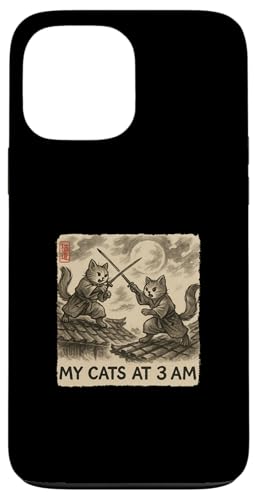 おもしろ墨絵 かわいい水墨画 日本人 私の猫 午前3時 スマホケース iPhone 13 Pro Max 用