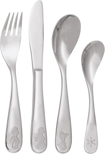 Frozen Die Eiskönigin Kinderbesteck Set 4-teilig - Edelstahl rostfrei mit Messer, Gabel, Suppenlöffel und Dessertlöffel - geprägtes Motiv mit Elsa, Anna und Olaf - spülmaschinengeeignet, kindgerecht