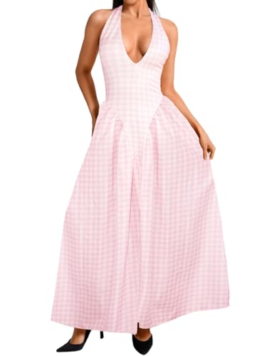 Image of ChiaoLezhee Deep V Neck Dress, Halter Maxi Dresses, Vacation Date Night, Sexy for Women Corset Flowy Wedding Guest Drop Waist