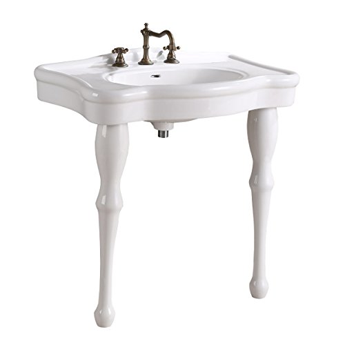 Jasmine White Console Bathroom Sink 32.5' Wide 2 Spindle Pedestal Leg Supports Heavy Duty Porcelain...