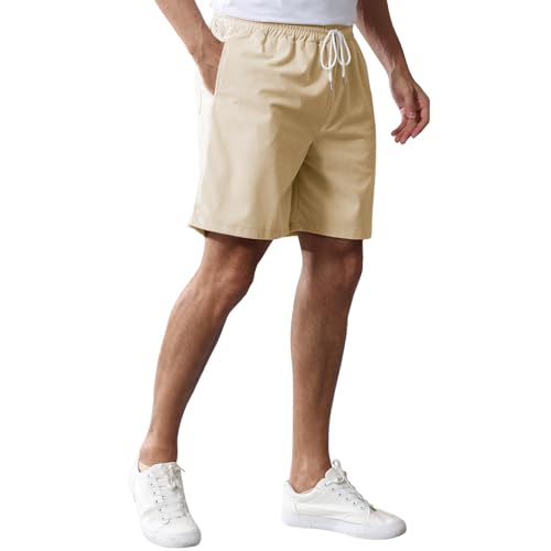 Image of Mens Corduroy Shorts Cotton Blend Lightweight Soft Summer Shorts Elastic Waist Beach Casual Short for Men with Pockets