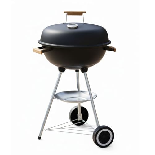 Barbacoa Redonda de Carbón, 46x90 cm, Portátil, Color Negro, con Parrilla de Acero y Estante Inferior para Jardín y Camping con Ruedas