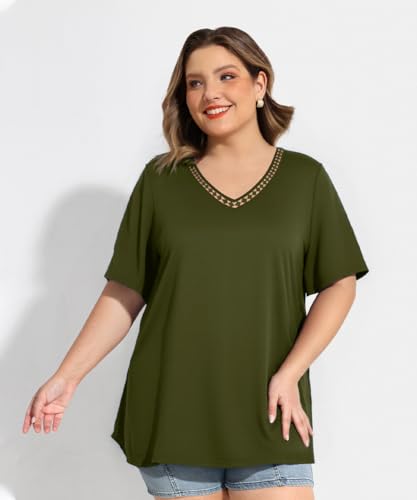 Image of RITERA Women Plus Size Tops Tie Dye V Neck Shirt Floral Camo Summer Short Sleeve Tunic Oversized Ladies Blouse XL-5XL