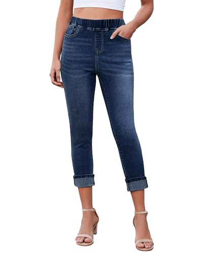 LookbookStore Capri Jeans for Women High Waisted Pull On Elastic Wasit Stretchy Denim Capris Jeggings Summer Jeans Pants