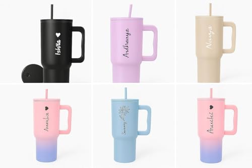 Image of Personalised with Your Name, 1200ml Tumbler with Straw - Handle - Stainless Steel Double Wall Insulated Cup | Leakproof Sipper Mug for Hot - Cold Drinks | Coffee - Water Tumbler (Blue Fower custom)