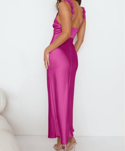 Image of Phicia Summer Satin Spaghetti Strap V Neck Midi Dresses for Women Wedding Guest Elegant Flower Backless Cocktail Formal Dress