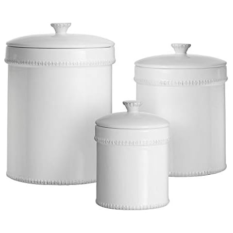 American Atelier Bianca Dash Canister Set 3-Piece Ceramic Jars in 30oz, 70oz and 122oz Chic Design with Lids for Cookies, Candy, Coffee, Flour, Sugar, Rice, Pasta, Cereal & More White Cover