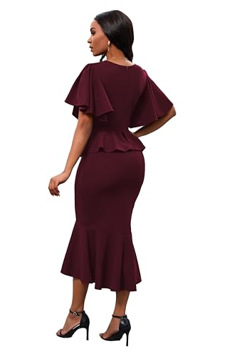 Image of Womens Summer Ruffle Short Sleeve Fishtail Dress Evening Cocktail Formal Peplum Midi Mermaid Dresses Elegant