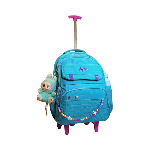 Kipling Mochila Escolar com Rodas, Azul Turquesa, Decorada com Pingentes Coloridos, Alça Telescópica Rosa, Múltiplos Compartimentos