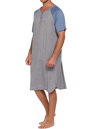 Ekouaer Men's Short Sleeve Nightwear Cotton Contrast Color Nightshirt Long Kaftan Sleep Gown Robe (Grey,Xl) #TOP4