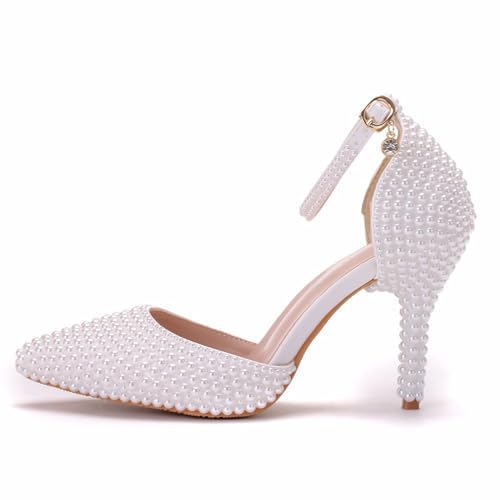 Women's High Heels, 9cm White Pearls Pumps Bridal Bridesmaid Wedding Dress Comfortable Shallow Mouth Thin Heels Banquet Sandals, 38 EU,White3