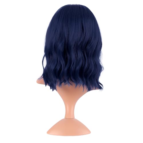 Image of MapofBeauty 14 Inch /35 cm Short Wavy Curly Women Fresh Bright Synthetic Ordinary Flat Bangs Bob Wig (Midnight Blue)