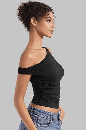 Image of London Hills Off Shoulder Tshirt for Women | Off Shoulder Top for Women Stylish | Concert Tops for Womens | Tops for Women Western | Tops for Woman | Women T-Shirts | Women's One Shoulder Top