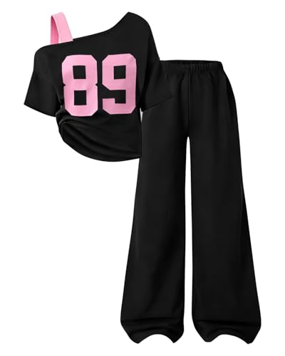 Image of Teen Girls Clothes Off the Shoulder Top and Wide Leg Pants Matching Outfit Set with Pockets Size 7-16