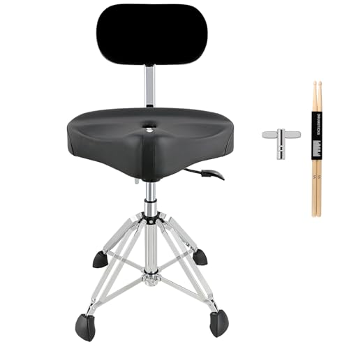 ROWELL Drum Throne with Backrest Hydraulic Drum Stool Height Adjustable Airlift Drum Thrones 4 Leg Heavy Duty Drum Seat 4.3 in Thick Padded Drum Chair Drum Stools for Drummers,Guitar Players (Black)
