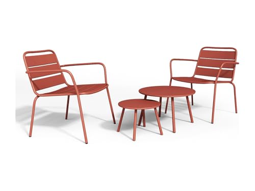 Vente-unique SalÛn de jardÌn de Metal ñ 2 sillones Bajos apilables y mesas Nido ñ Terracota ñ MIRMANDE