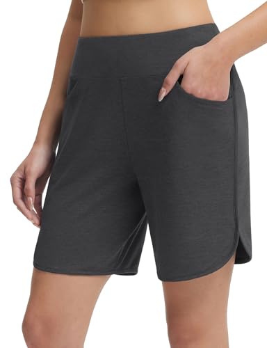 baleaf Womens 7 Ultral Soft Bermuda Shorts High Waisted Casual Short Pockets Athletic Yoga Lounge Walking Heather Black M
