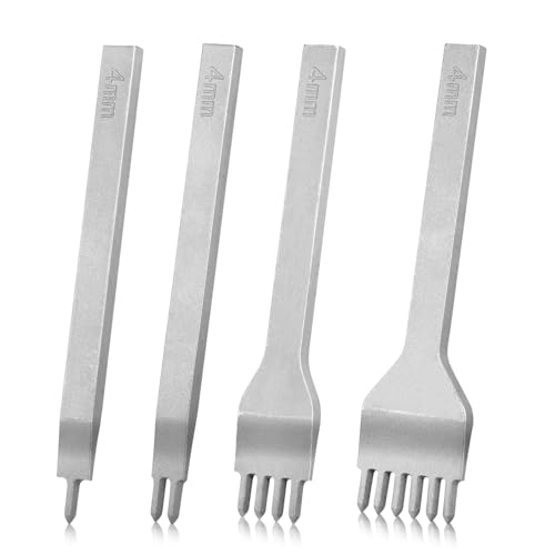 4mm 1/2/4/6 Prong Leather Stitching Hole Punch Set White Steel Diamond Lacing Stitching Chisel Set Belt Hole Punch Tool for Bag Shoe Leather Sewing Supplies