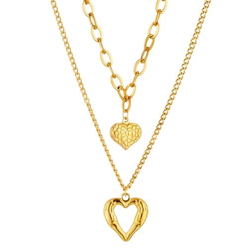 Colar Duplo Feminino 'Hot Heart' em A&ccedil;o Inoxid&aacute;vel Dourado &ndash; Pingente Cora&ccedil;&atilde;o Vazado e...