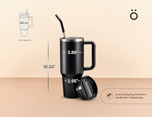 Image of KooK Stainless Steel Tumbler, with Straw and Handle, Leakproof, Vacuum Insulated Travel Coffee Mug, Reusable Double Walled Water Bottle, Keeps Hot or Cold, 40 oz, Black