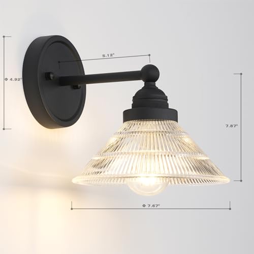 Image of Vintage Wall Sconce 1-Light with Clear Ribbed Glass Shade, Industrial Hardwired Wall Light Fixture for Bedside Living Room Vanity Bathroom Hallway