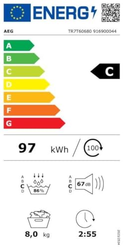 AEG Wärmepumpentrockner 8 kg, Serie 7000: SensiDry schonendes & energiesparendes Trockenverfahren, neue Energiekl. C, Mengenautomatik, Schontrommel, Wechselnde Drehrichtung, Knitterschutz, TR7T60680