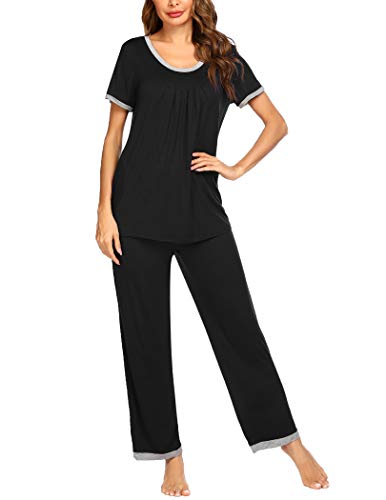 Ekouaer Women's Pj Set Sleepwear Two Piece Pajamas Tops with Long Sleep Pants Pjs Loungewear, XX-Large Black